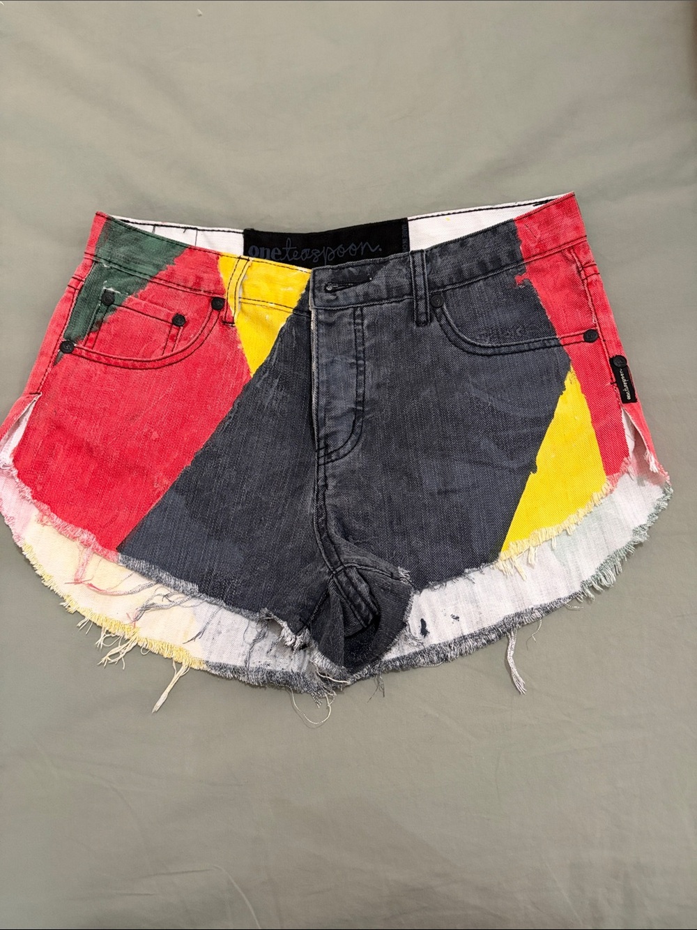 One Teaspoon Multicolor Colorblock Denim Cutoff Shorts - Red Yellow Black White